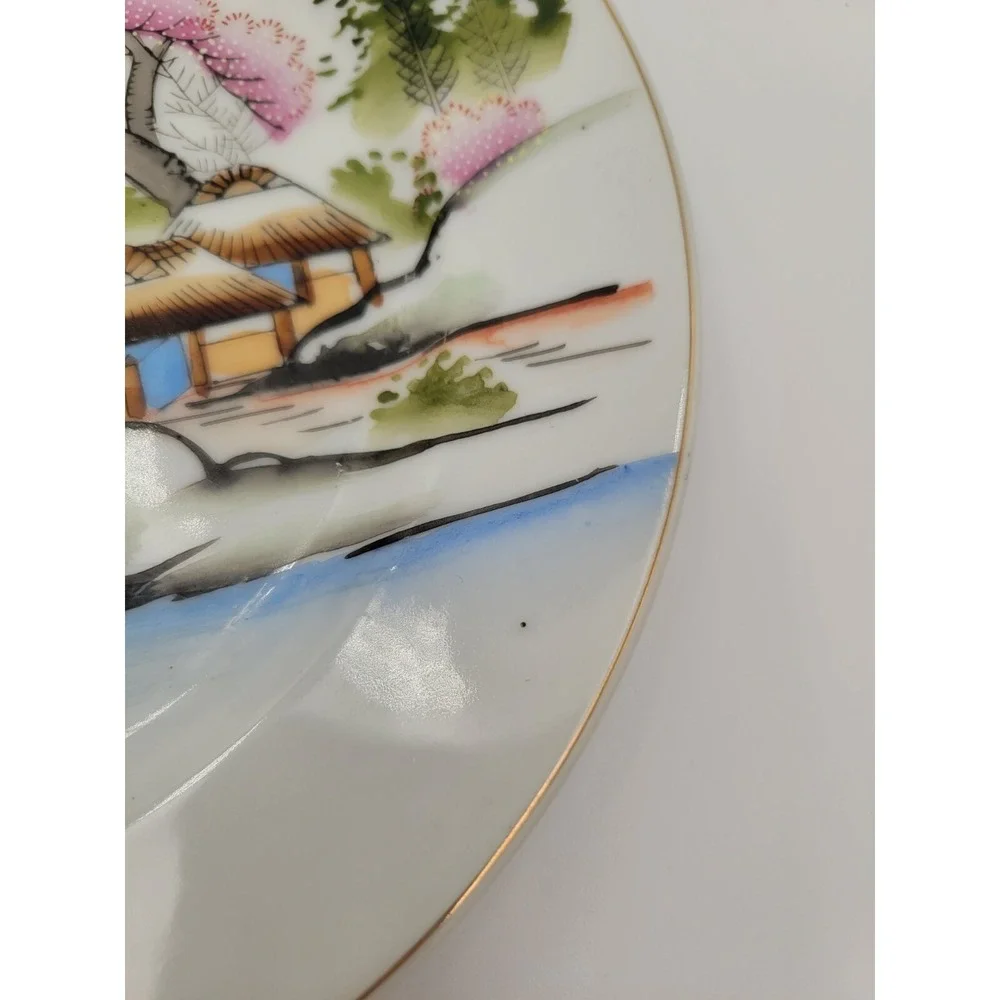 Set of 5 Vintage Kutani Japan KUT21 salad plates pink textured trees bridge gold